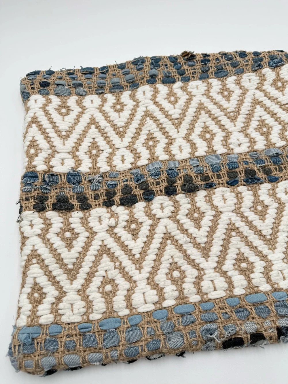 Merchant 41 18x18 Boho Woven Jute Denim Throw Pillow Cover Geometric Blue Cream